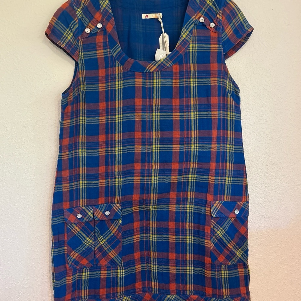 Tulle Blue Multicolored Plaid Cotton Dress Pocket Details size Large NWT